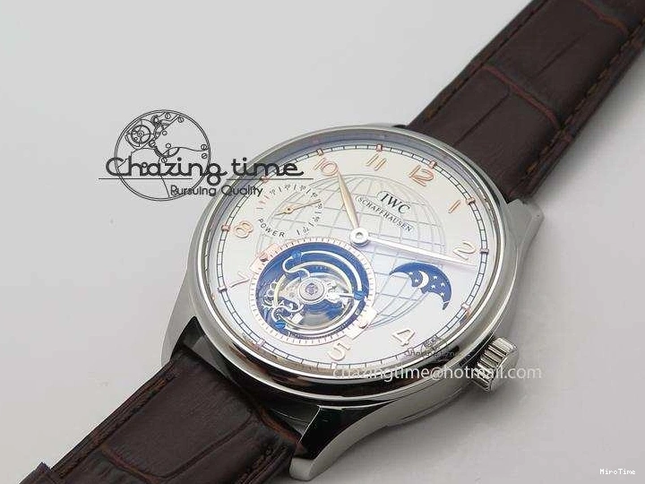 MIROTIME 0213 Chic Portuguese Tourbillon Power Reserve Moonphase SS White Dial Gold Numbers On Black Leather Strap 7319
